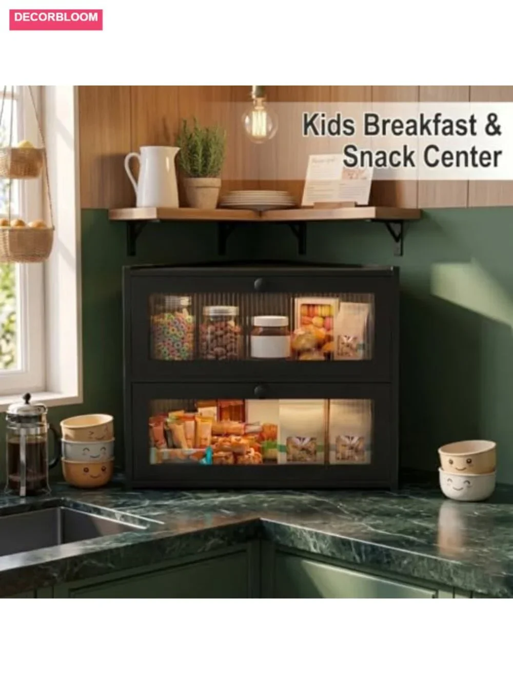 2 Tier Bamboo Corner Bread Box for Kitchen Countertop
